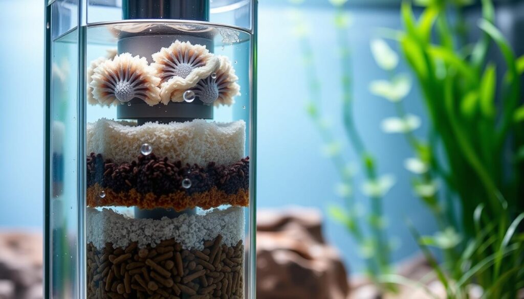 A well-lit, close-up view of an aquarium filter system, showcasing the mechanical and biological filtration components working in harmony to reduce nitrate levels. The foreground displays the clear acrylic filter housing, revealing the various filter media layers, including mechanical sponges, biological filter media, and chemical adsorbents. The middle ground features the filter's water flow, with tiny bubbles and gentle ripples, symbolizing the efficient water circulation. The background subtly depicts the lush aquatic plants, hinting at the balanced ecosystem that supports nitrate reduction. The image has a serene, technical atmosphere, highlighting the importance of a properly optimized filtration system for maintaining healthy aquarium water parameters.
