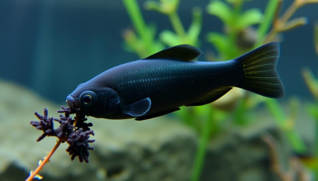 Black Molly fish grazing on black beard algae in aquarium Black Molly fish grazing on black beard algae in aquarium