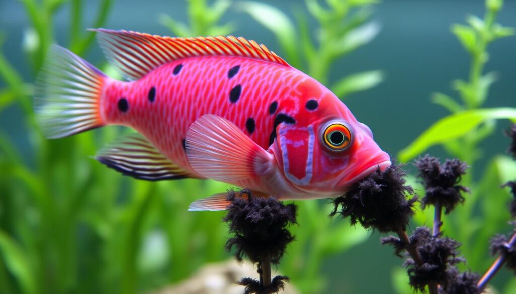 Florida Flagfish eating black beard algae in a planted aquarium Florida Flagfish eating black beard algae in a planted aquarium