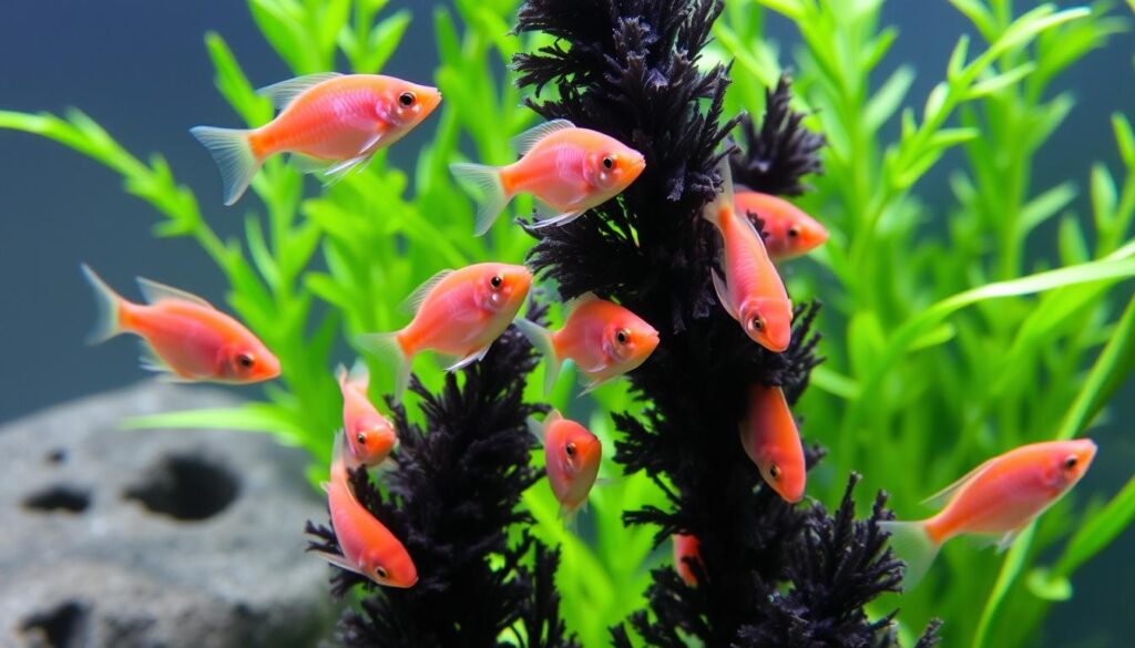 Group of Rosy Barbs feeding on black beard algae in planted tank Group of Rosy Barbs feeding on black beard algae in planted tank