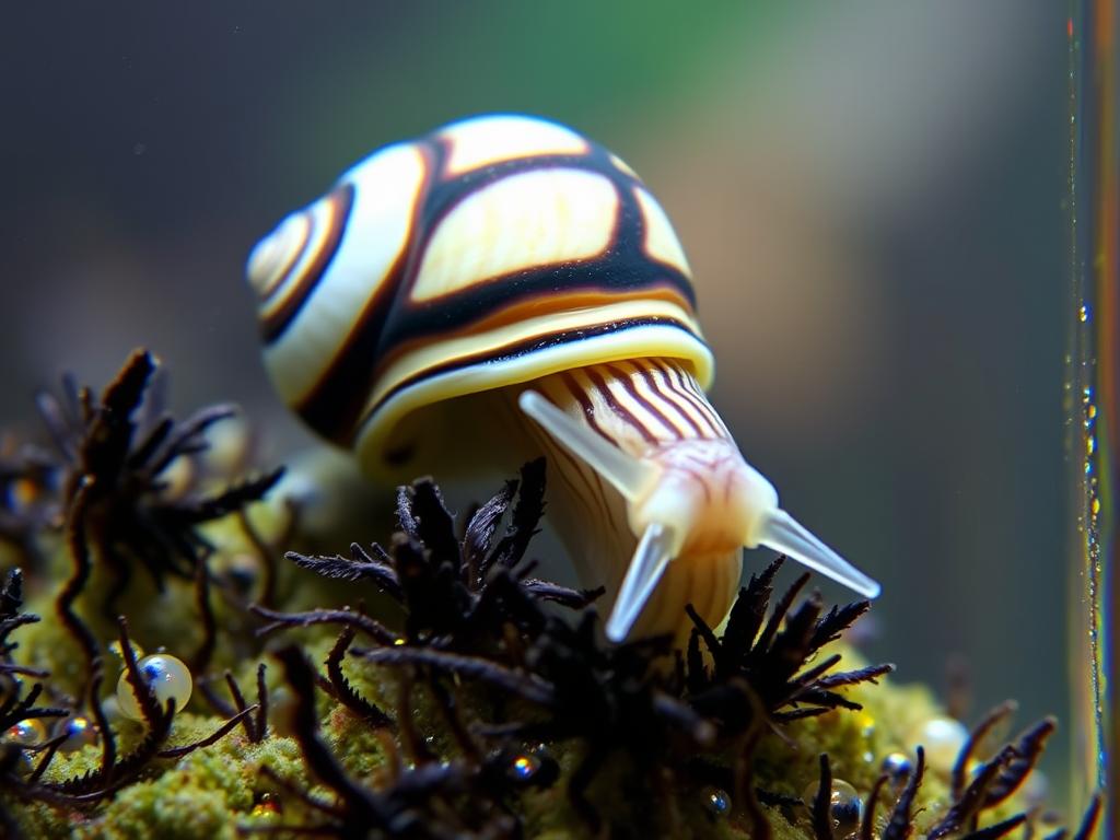 Nerite snail cleaning black beard algae from aquarium glass Nerite snail cleaning black beard algae from aquarium glass