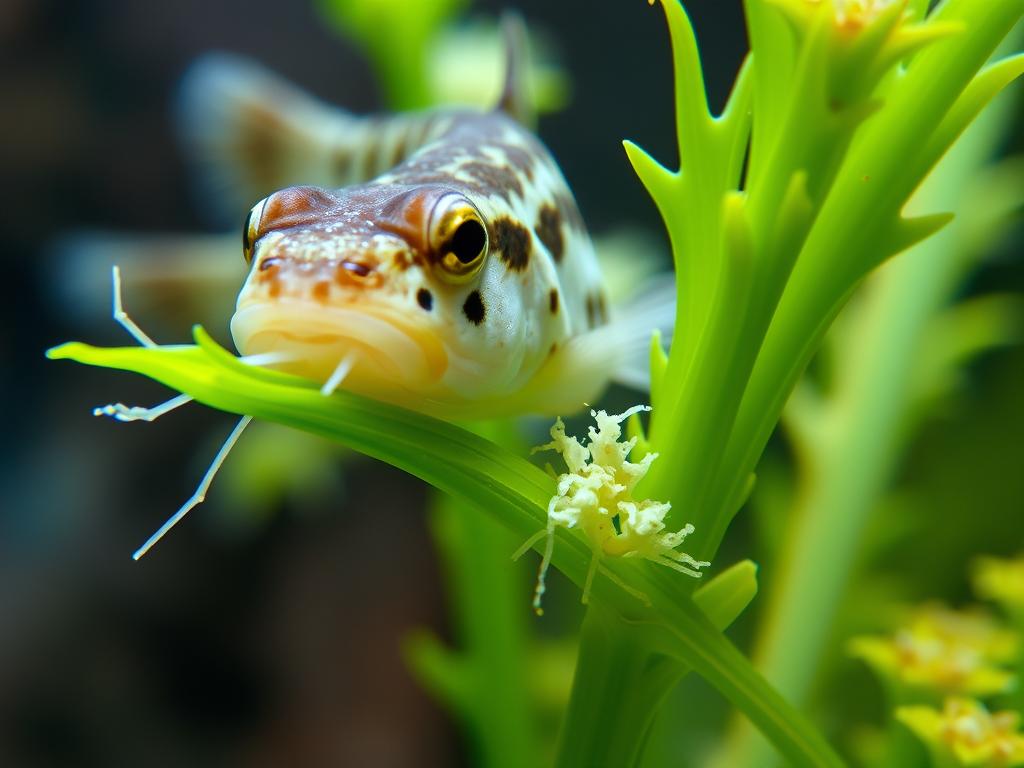 Otocinclus catfish cleaning algae from aquarium plant leaf Otocinclus catfish cleaning algae from aquarium plant leaf