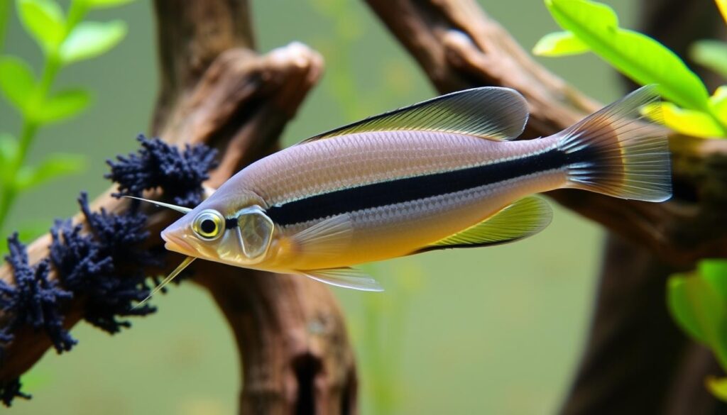 Siamese Algae Eater swimming near black beard algae in an aquarium Siamese Algae Eater swimming near black beard algae in an aquarium