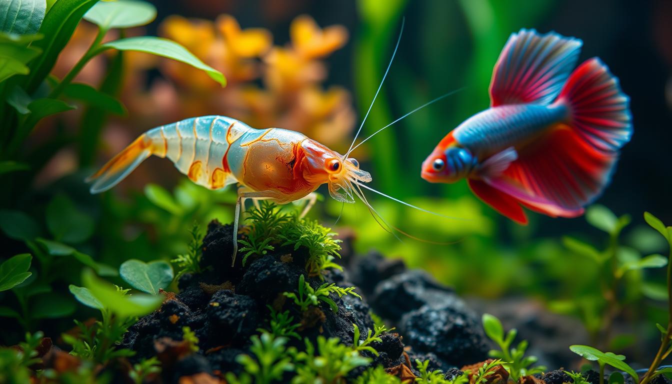amano shrimp and betta fish